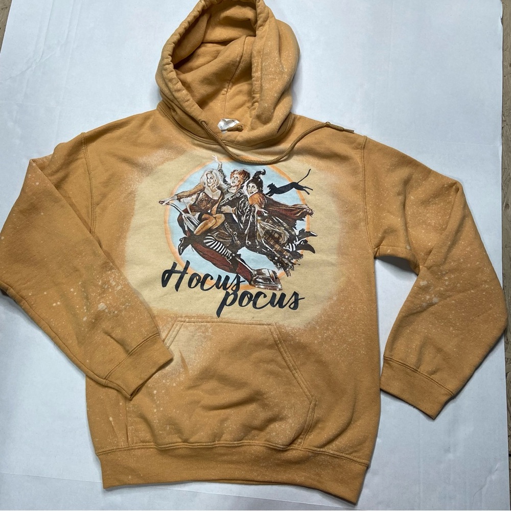 Gildan Tan Hocus Pocus Hoodie bleach splatter S
